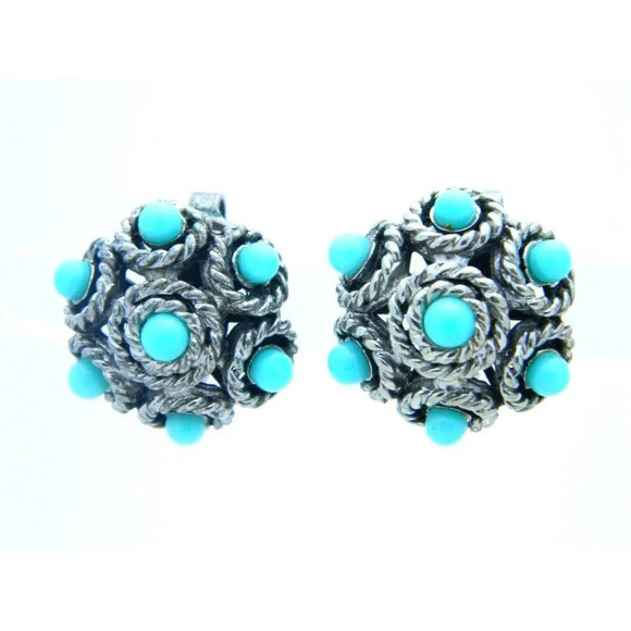 VTG CROWN TRIFARI Faux Turquoise Silver Tone Filigree Dome Clip Earrings - Picture 1 of 2